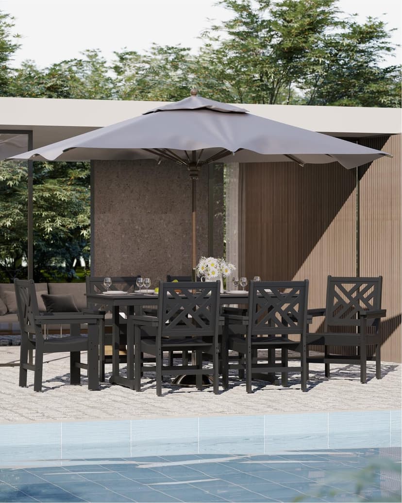 7-Piece Outdoor Dining Set, HDPE All-Weather Patio Table and Chairs Set for 6, Outdoor Patio Furniture Sets with Umbrella Hole for Outside, Deck, Backyard, Garden (Black)