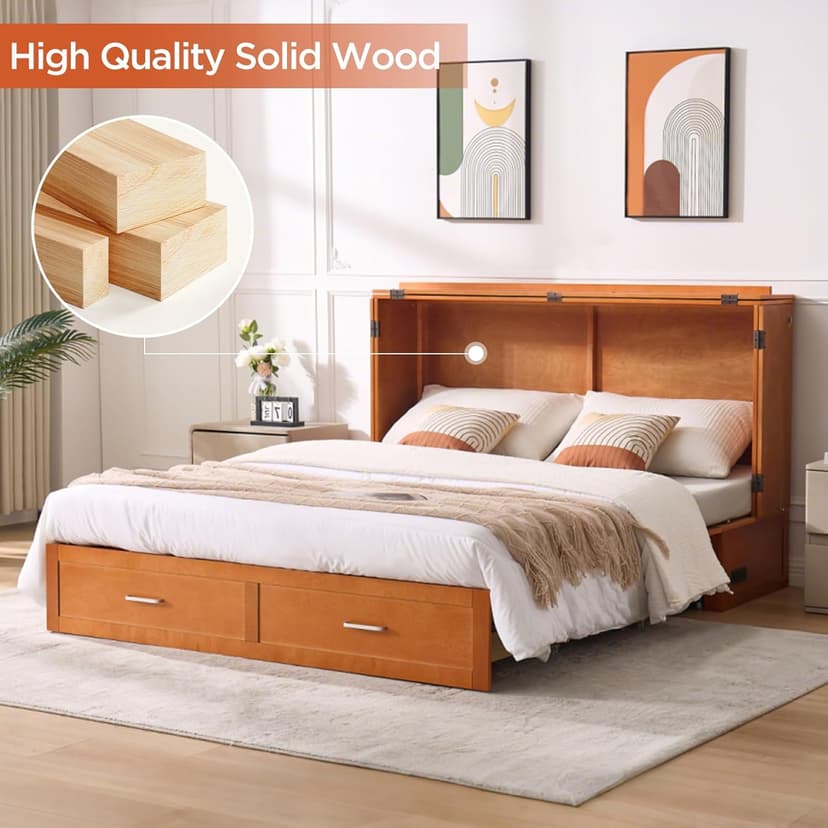 Queen Murphy Bed with Tri-Folding Mattress, Space-Saving Queen Size Wall Bed Built-in Charging Station, Foldable Murphy Bed Cabinet with 2 Storage Drawers for Bedroom, Guest Room, Cherry