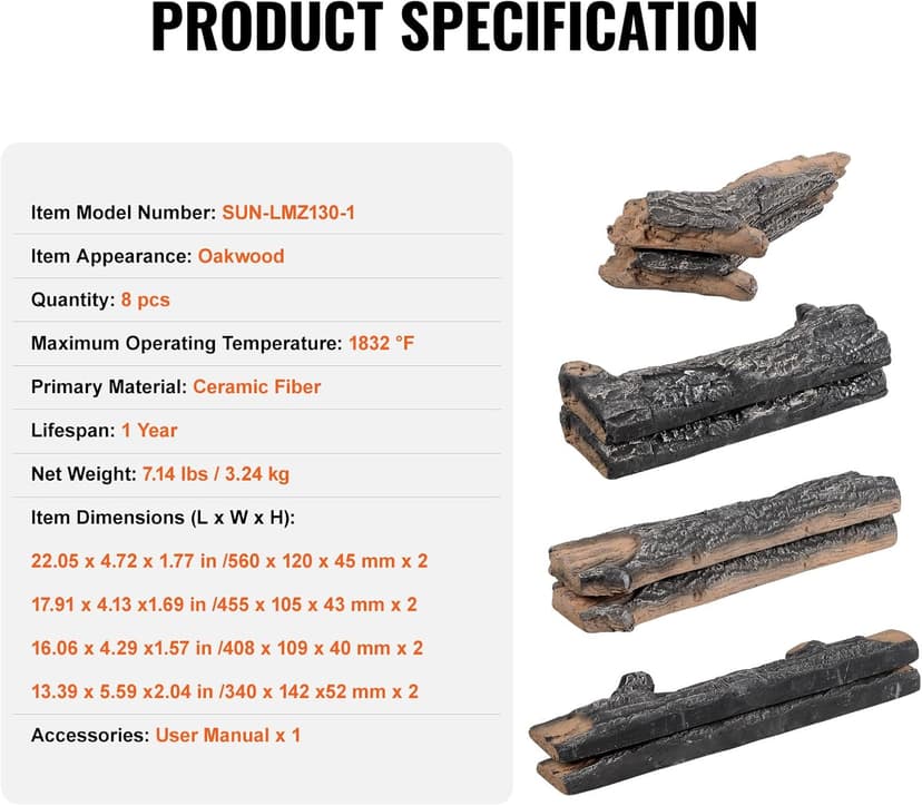 VEVOR 8 Pcs Oak Logs, Gas Fireplace Ceramic Logs for Fire Place, Heat-Resistant Wood Log Gas Realistic Logs, Stackable Wood Branches for Gas Fireplace, Firebowl Indoor or Outdoor