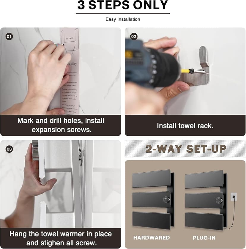 Electric Towel Warmer, 18.35" W x 22.8" H Wall-Mounted Towel Heater with Built-in Timer, Waterproof Aluminum Towel Warmer for Bathroom, Support Plug-in and Hardwired, Black, K3-R-B