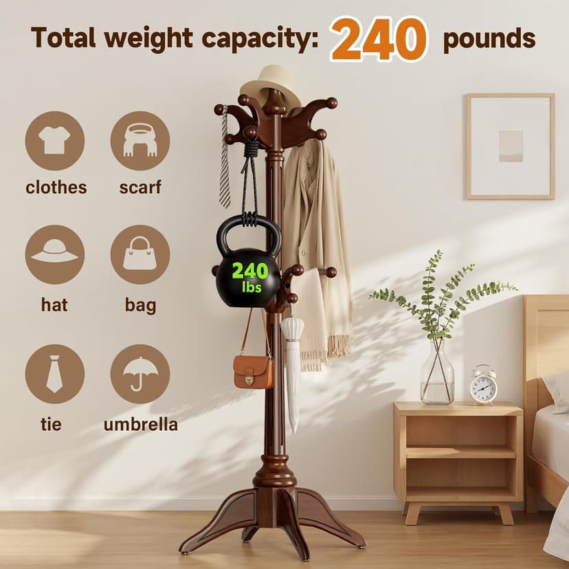 Solid Wood Rotary Coat Rack Freestanding, Heavy Duty Coat Hanger Stand with 2 layer Multi-direction Hooks, 360° Rotating Standing Coat Rack Tree for Entryway, Bedroom, Office, H: 77.6in (Walnut)