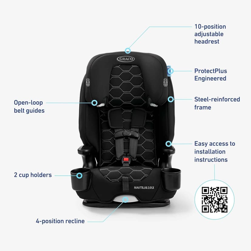 Graco Nautilus 2.0 LX 3-in-1 Forward Facing Car Seat, High Back Booster, Backless Booster Car Seat Featuring InRight & Latch, Hex