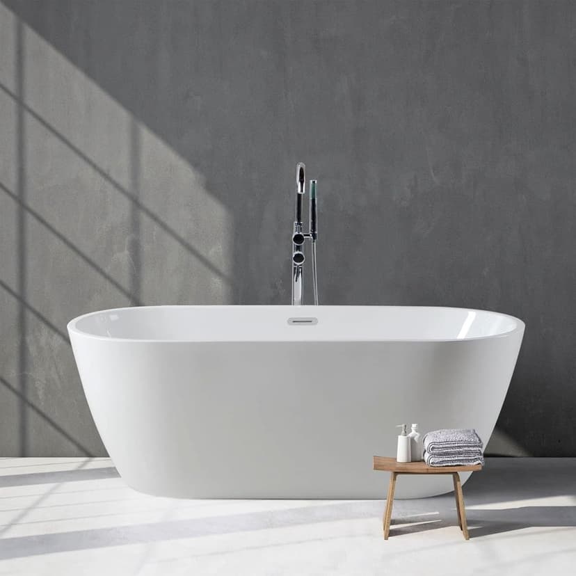 FerdY Bali 59" Acrylic Freestanding Bathtub, Gracefully Shaped Freestanding Soaking Bathtub, Toe-Tap Chrome Drain and Classic Slotted Overflow Included, Glossy White, cUPC Certified