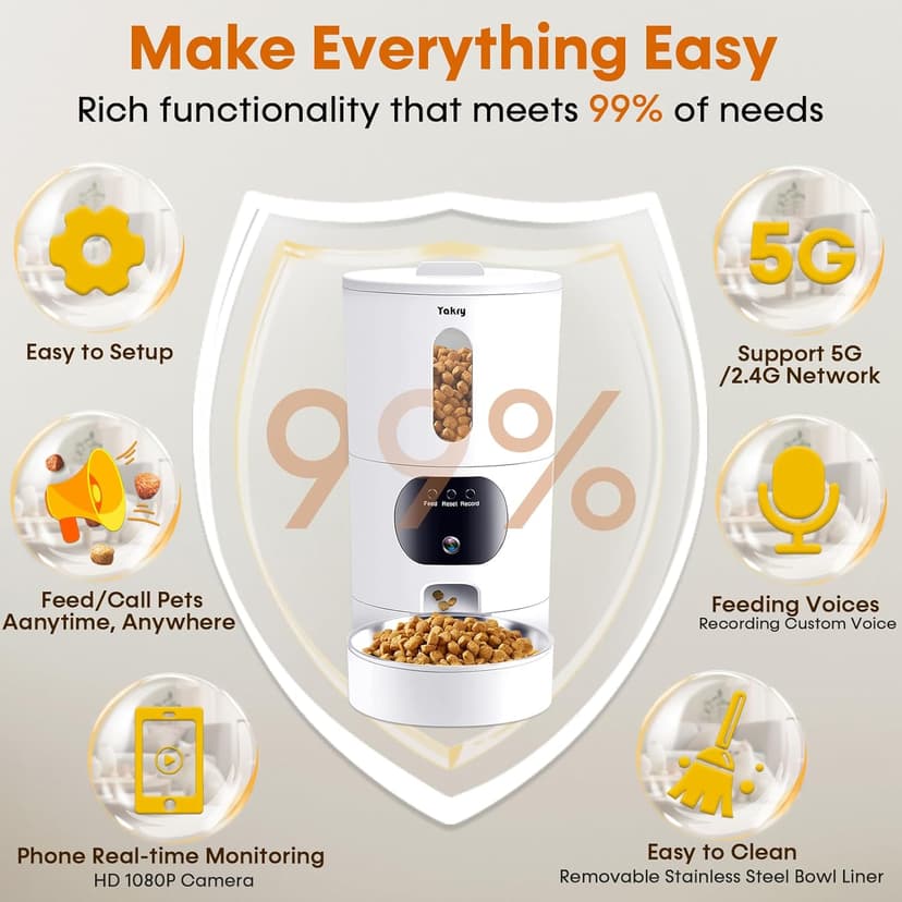 Automatic Cat Feeders Camera 5G: WiFi Easy to Clean Timed Smart Dog Food Dispenser 2-Way Audio Memory Function Pet Feeder HD 1080P Video Record APP Control Dry Food Clear Night Vision Yakry