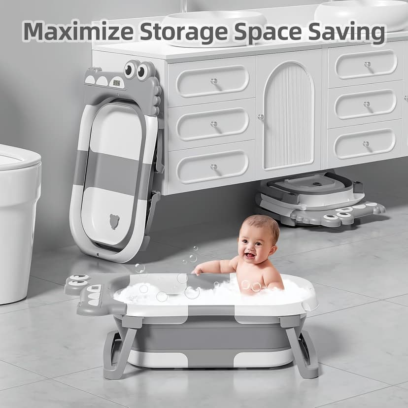 TPN Collapsible Baby Bathtub for Infants to Toddler with Real-time Temp Monitor+Floating Cushion,Foldable Baby Bath Tub Set Applicable 0-36 Month,Perfect Portable Travel Baby Tub for Newborns Boy