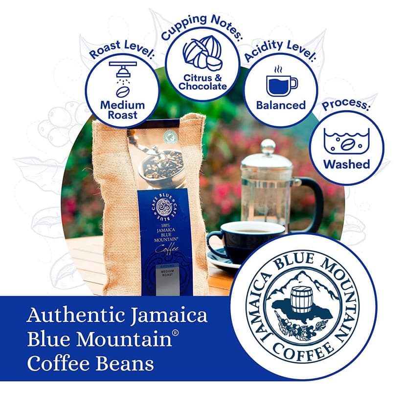 Cafe Blue 100% Authentic Jamaica Blue Mountain Medium Roast Whole Bean Premium Arabica Coffee, 16 Ounces (1 Pound, 454 Grams)