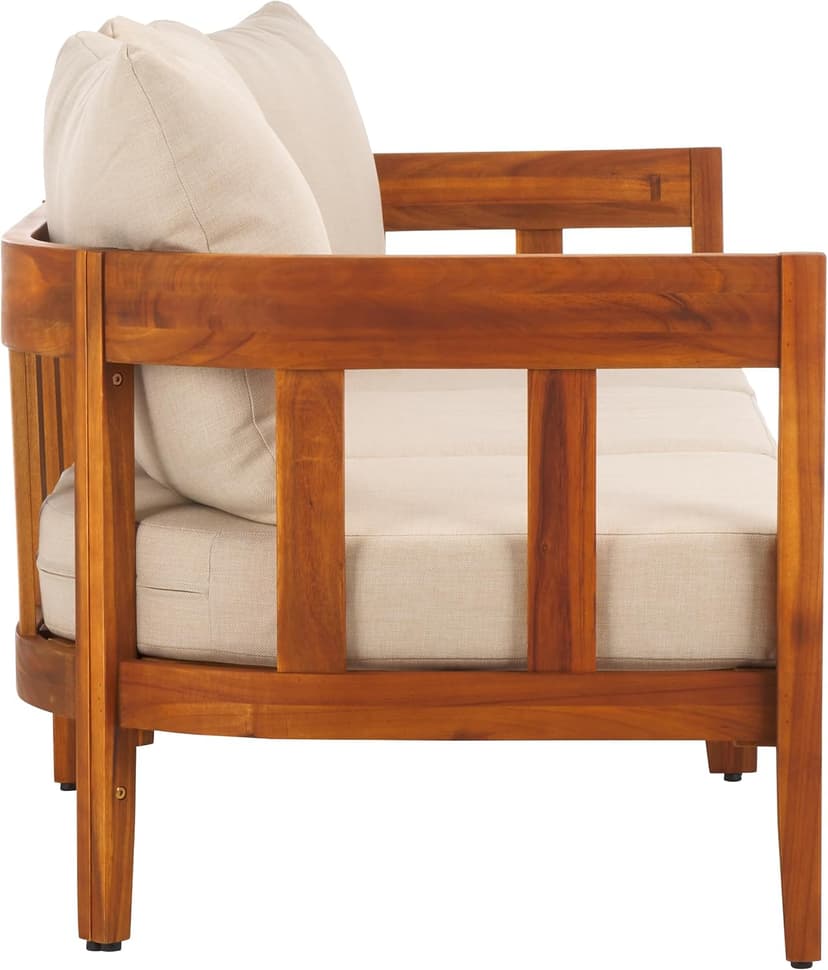 SAFAVIEH Outdoor Collection Owen Natural Teak Solid Wood/Taupe Cushion 3-Seater Sofa