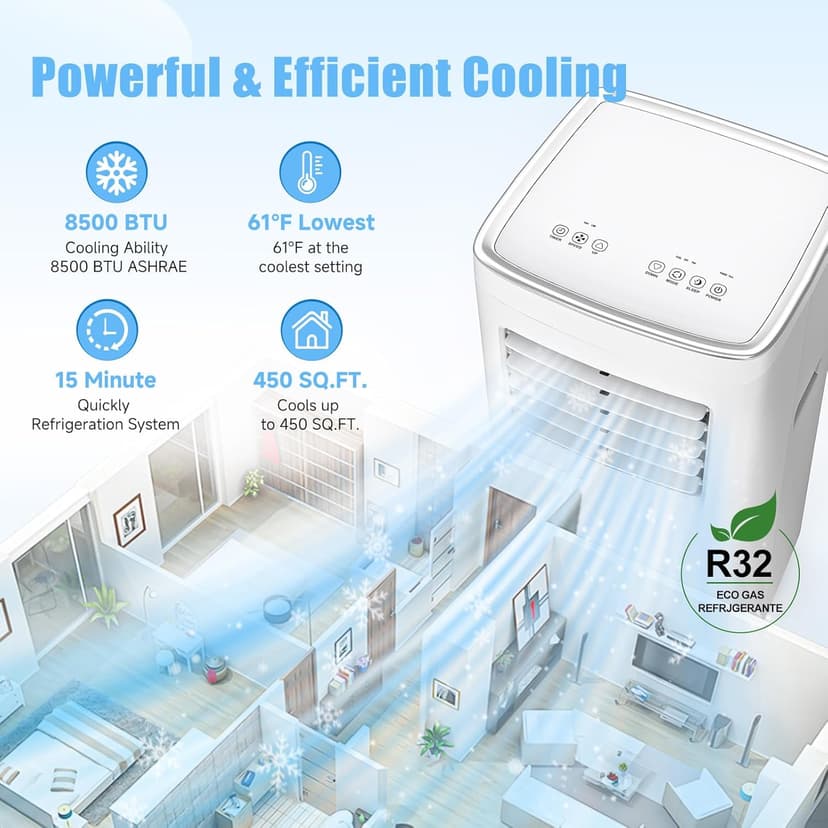 8500 BTU Portable Air Conditioners, 3-In-1 Cooling AC Unit with Fan & Dehumidifier, Air Conditioner Remote Control & Sleep Mode, Cools up to 450 sq.ft, Installation Kit for Rooms/Studios/Offices