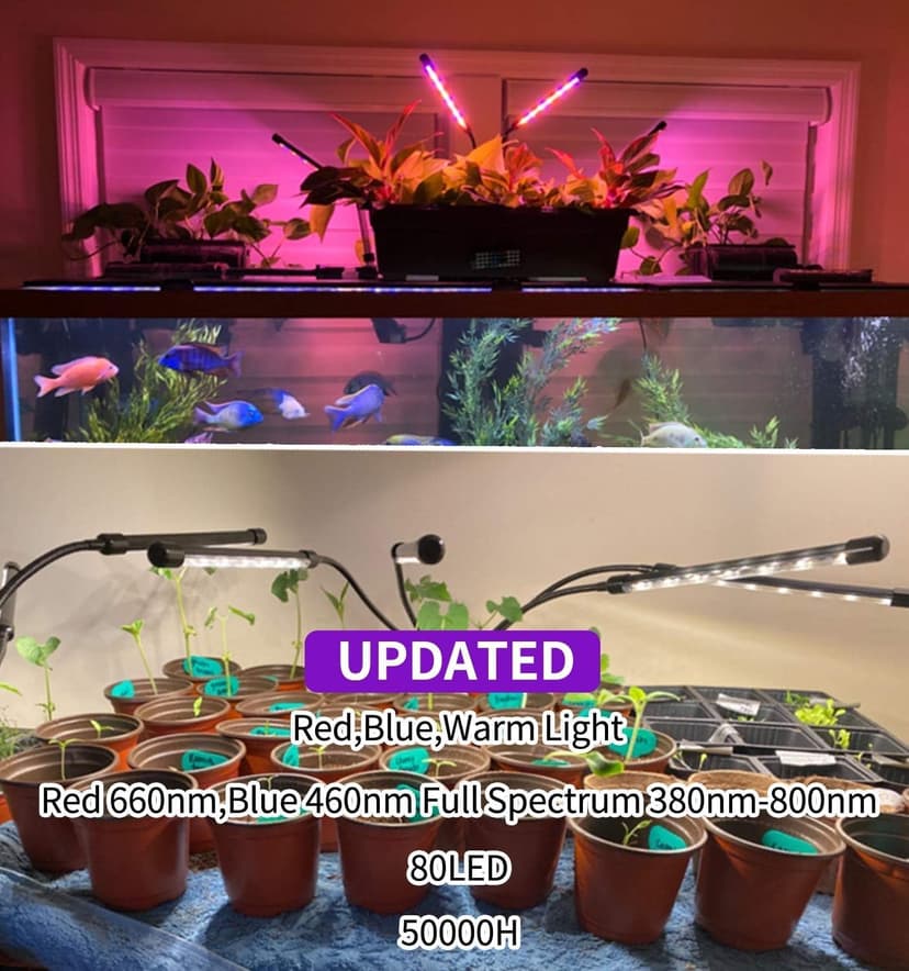 Grow Light for Indoor Plants - Upgraded Version 80 LED Lamps with Full Spectrum & Red Blue Spectrum, 3/9/12H Timer, 10 Dimmable Level, Adjustable Gooseneck,3 Switch Modes