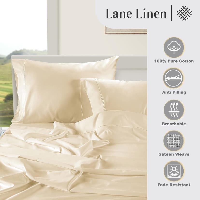 LANE LINEN 100% Egyptian Cotton 1000 TC King Bed Sheets, Eco Friendly No Pill Naturally Cooling Sheet King Size, Soft & Comfy Sateen Weave Silky Smooth Finish, Available in Variety of Colors -Ivory