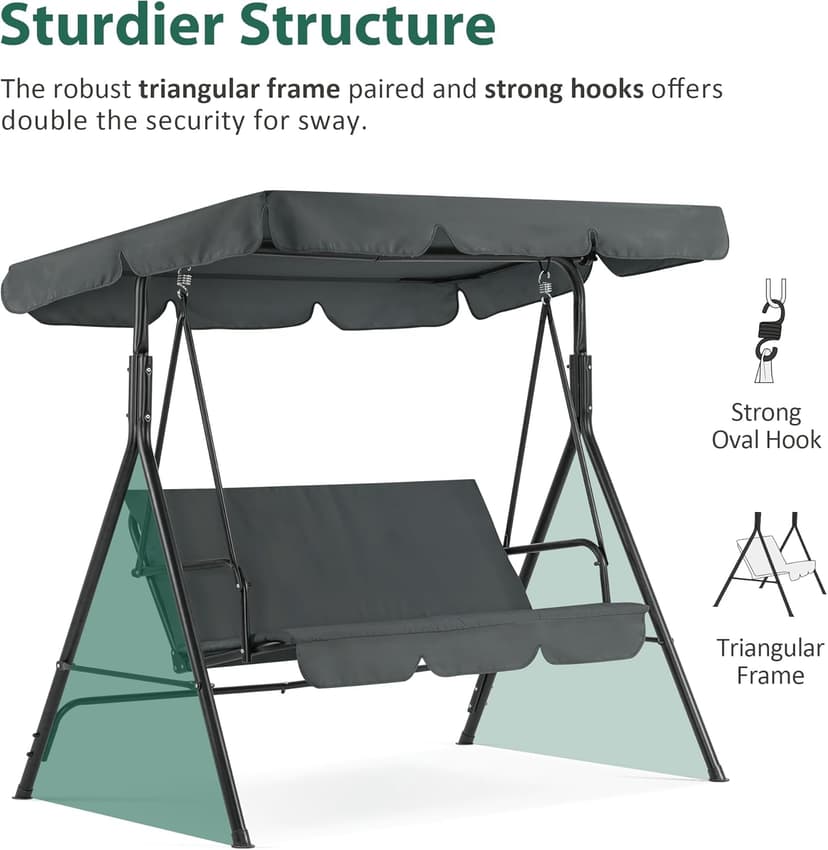 MCombo 2-3 Person Outdoor Patio Swing Chair, Convertible Canopy Hanging Swing Glider Lounge Chair, Removable Cushions, 4003 (Dark Gray)