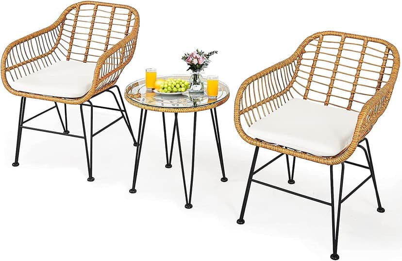 Bistro Table and Chairs Set of 2, Outdoor Patio Rattan Chair & Tempered Glass Coffee Table Set w/Removable Washable Beige Cushion Cafe Set for Indoor Balcony, Poolside, Garden (Pale Brown)