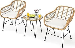 Bistro Table and Chairs Set of 2, Outdoor Patio Rattan Chair & Tempered Glass Coffee Table Set w/Removable Washable Beige Cushion Cafe Set for Indoor Balcony, Poolside, Garden (Pale Brown)