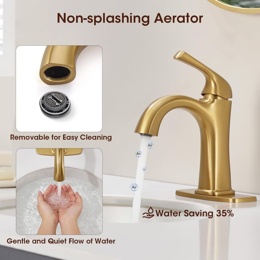 Brushed Gold Single Hole Bathroom Faucets, Single Handle Brass Bathroom Sink Faucet for 1 or 3 Holes, Vanity Faucet with Pop Up Drain and Supply Lines, Deck Plate