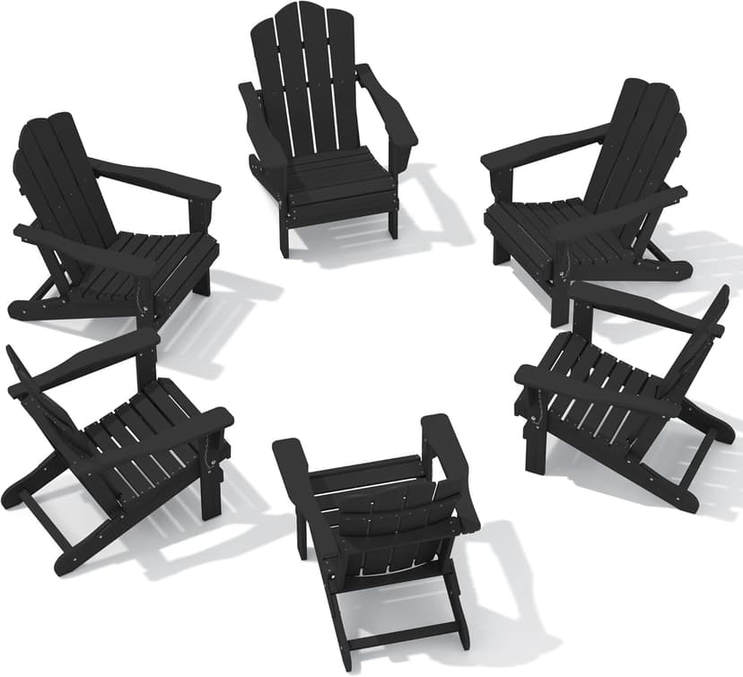 KINGYES Folding Adirondack Chair Set of 6, HDPE All-Weather Patio Chairs, Wooden Textured Lawn Chair for Poolside, Backyard, Deck, Fire Pit, Black