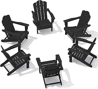 KINGYES Folding Adirondack Chair Set of 6, HDPE All-Weather Patio Chairs, Wooden Textured Lawn Chair for Poolside, Backyard, Deck, Fire Pit, Black