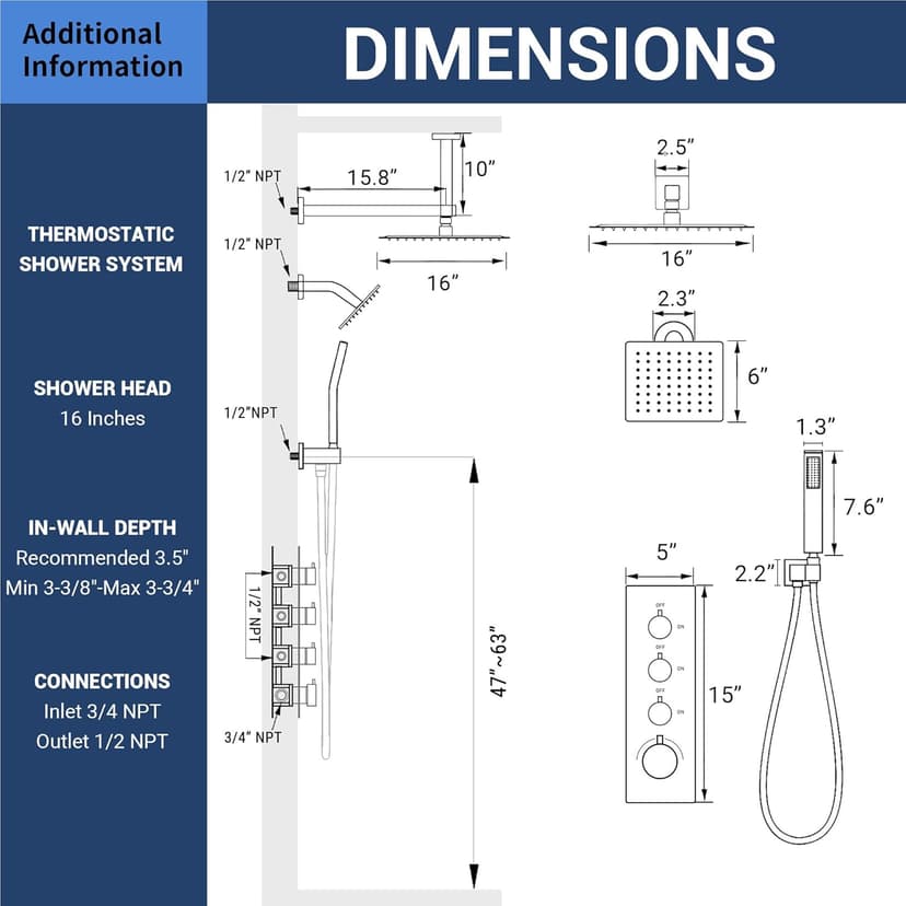 16" Thermostatic Dual Rainfall Head Shower System with Handheld & Valve, 16-Inch Shower Faucet Set with 6-Inch Shower Head, JetsBath Matte Black Full Body Shower System for Couples/2-Person