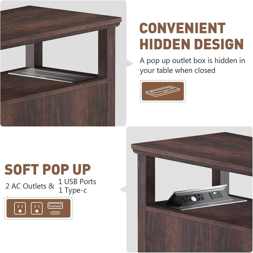 HIFYOBRO Narrow End Table with Flip Top Charging Station, Adjustable Shelf, Type-C & USB Port & Power Outlets, Side Table with Storage for Living Room/Bedroom/Home Office