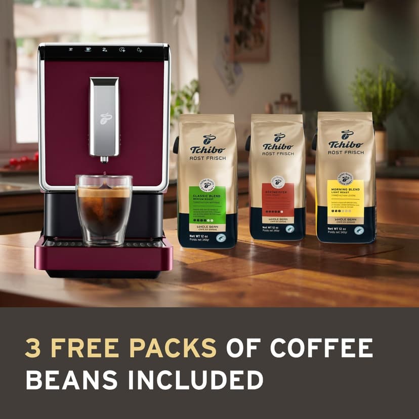 Tchibo Automatic Espresso & Coffee Machine Bundle with Built-in Grinder, Comes With 3 x 12 oz. Bags of Whole Bean Coffee, Red