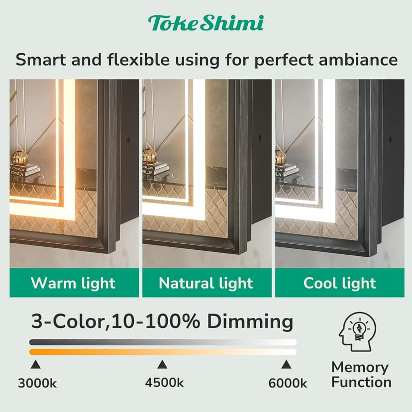 TokeShimi 24x30 Recessed Medicine Cabinet with Lights Mirror, 3-Color Stepless Dimmable LED Mirror Medicine Cabinet with Electrical Outlets and Defog, in Wall Mirror with Storage