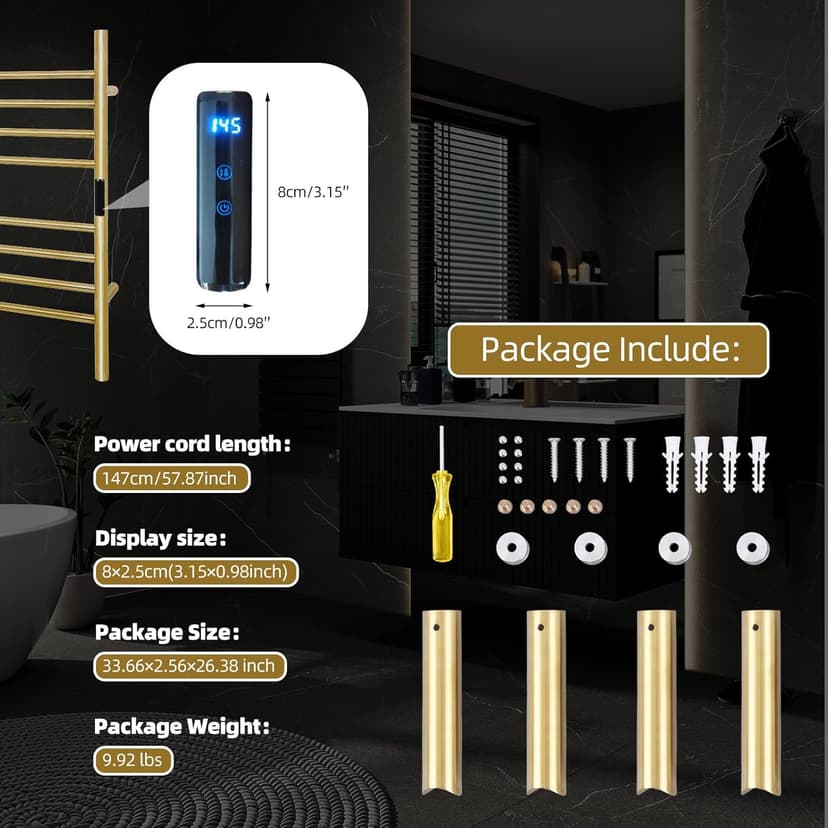 8 Bars Towel Warmer Rack, 23" Electric Wall Mounted Heated Towel Rack, Hot Towel Rails with Timer and Temperature Control for Bathroom, Brushed Gold