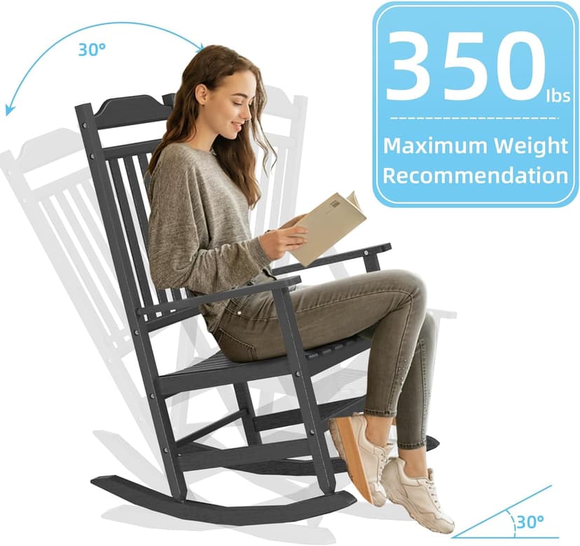 Patio Rocking Chair Outdoor Set of 2,Weather Resistant Poly Resin Oversized Porch Rocker,High Back Smooth Design,350lb Weight Capacity,Indoor Outdoor Use(2,Black)