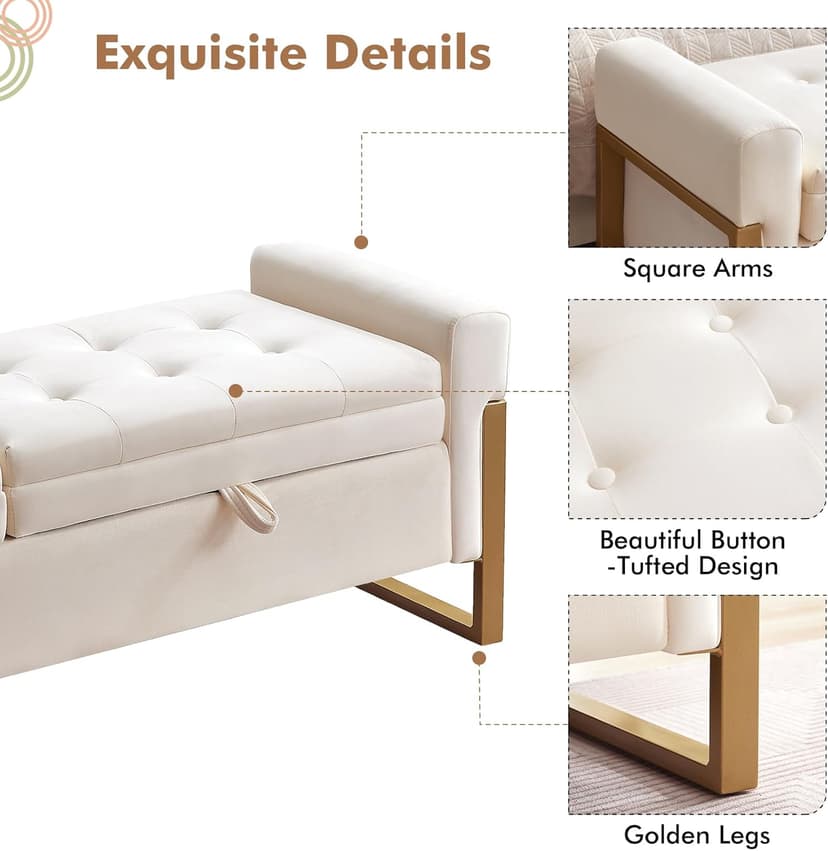 67" Storage Bench for Bedroom, King Size End of Bed Bench with Double Lids, Upholstered Storage Ottoman Bench with Golden Metal Legs, Bedroom Bench for Entryway, Cream
