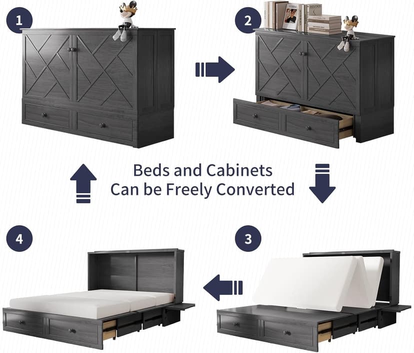 ijuicy Murphy Bed Queen with Foam Mattress, Convenient Murphy Bed Cabinet with Charging Station & Storage Board, Bed That Folds into Cabinet with Large Storage Drawer for Bedroom,Guest Room(Grey)