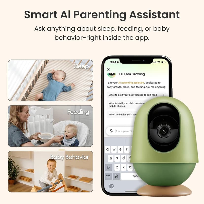 Smart Baby Camera Monitor 3K HD with No Subscription, Night Vision, 360° AI Detection, Two-Way Audio Monitor Includes Local Storage Card, Wireless WiFi Baby Monitor with Power-supportable Stand