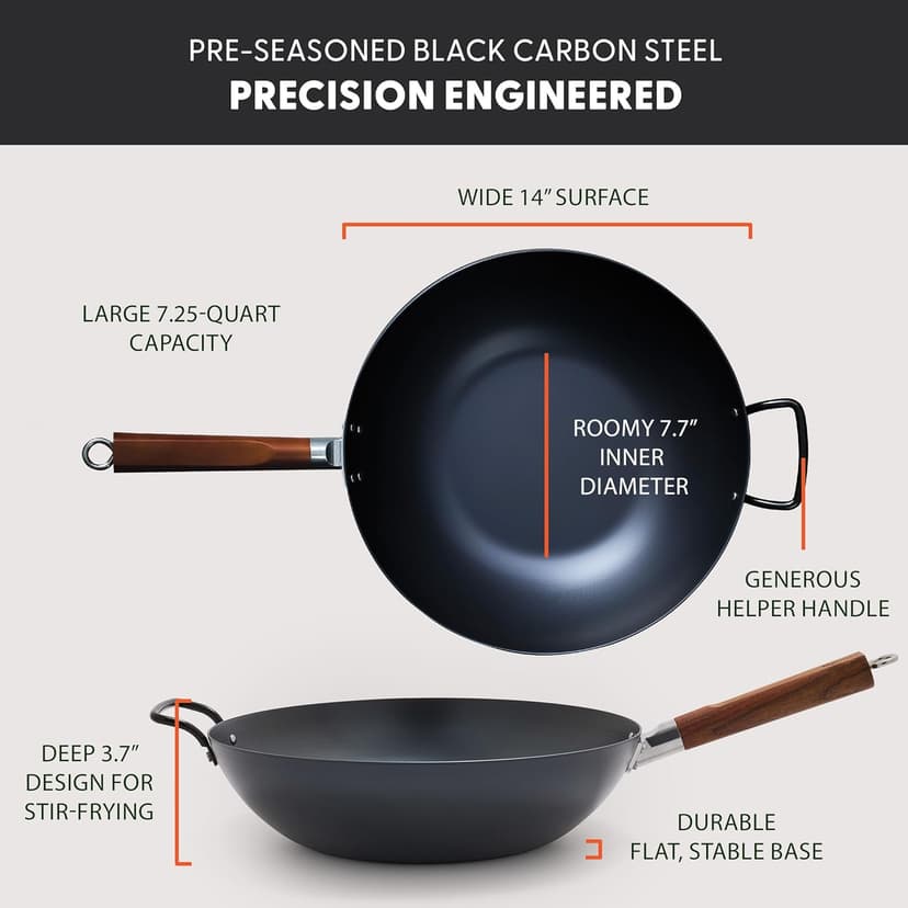 GreenPan Carbon Steel Wok 14”, Flat Bottom, Durable Stir-Fry Pan, Pre-Seasoned Nonstick Patina, High Heat Retention, Induction, Ash Wood Handle, Kyoto, Black