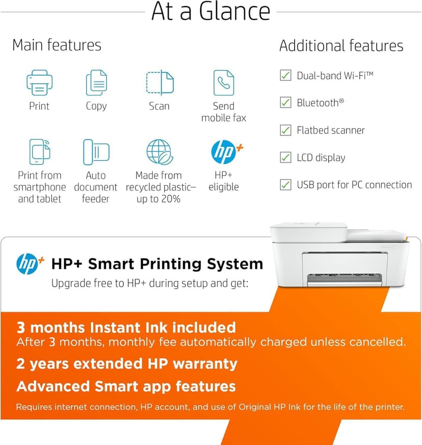 HP DeskJet 4155e Wireless Color Inkjet Printer, Print, scan, copy, Easy setup, Mobile printing, Best-for home, 3 month Instant Ink trial included, white