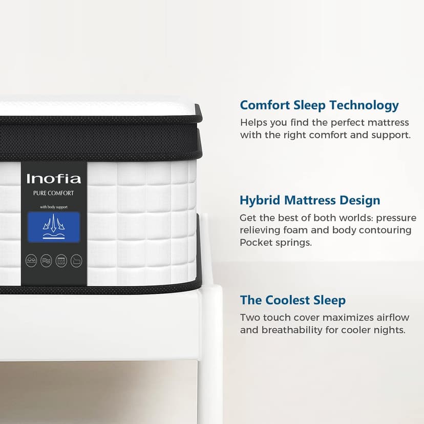 Inofia Twin Mattress, 10 Inch Hybrid Innerspring Single Mattress Cool Twin Bed Supportive & Pressure Relief, Breathable Soft Knitted Fabric Cover, Medium Firmness