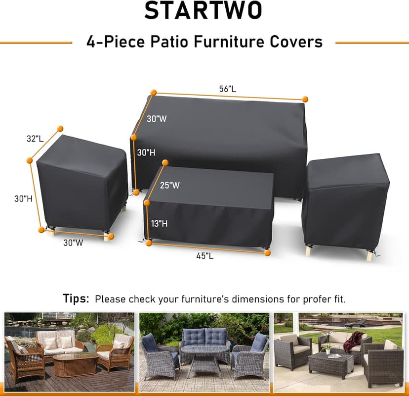 STARTWO Outdoor Patio Furniture Cover Waterproof 4-Piece Set for Chairs 32in, Loveseat 56in, Coffee Table 45in, Heavy Duty 500D, Black
