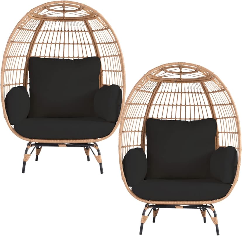 Oversized Wicker Egg Chair Set of 2, Outdoor Indoor Lounger with 4 Cushions, 440lb Capacity, Egg Basket Chair for Living Room, Backyard, Balcony, Patio, Black