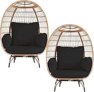 Oversized Wicker Egg Chair Set of 2, Outdoor Indoor Lounger with 4 Cushions, 440lb Capacity, Egg Basket Chair for Living Room, Backyard, Balcony, Patio, Black