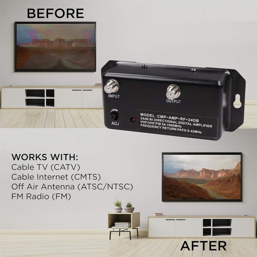 THE CIMPLE CO Antenna Amplifier, Digital TV Signal Booster, Adjustable Gain, 24 dB Distribution, NTSC, ATSC, FM, UHF, VHF, 1000 MHz, Includes RG6 Coaxial Cable
