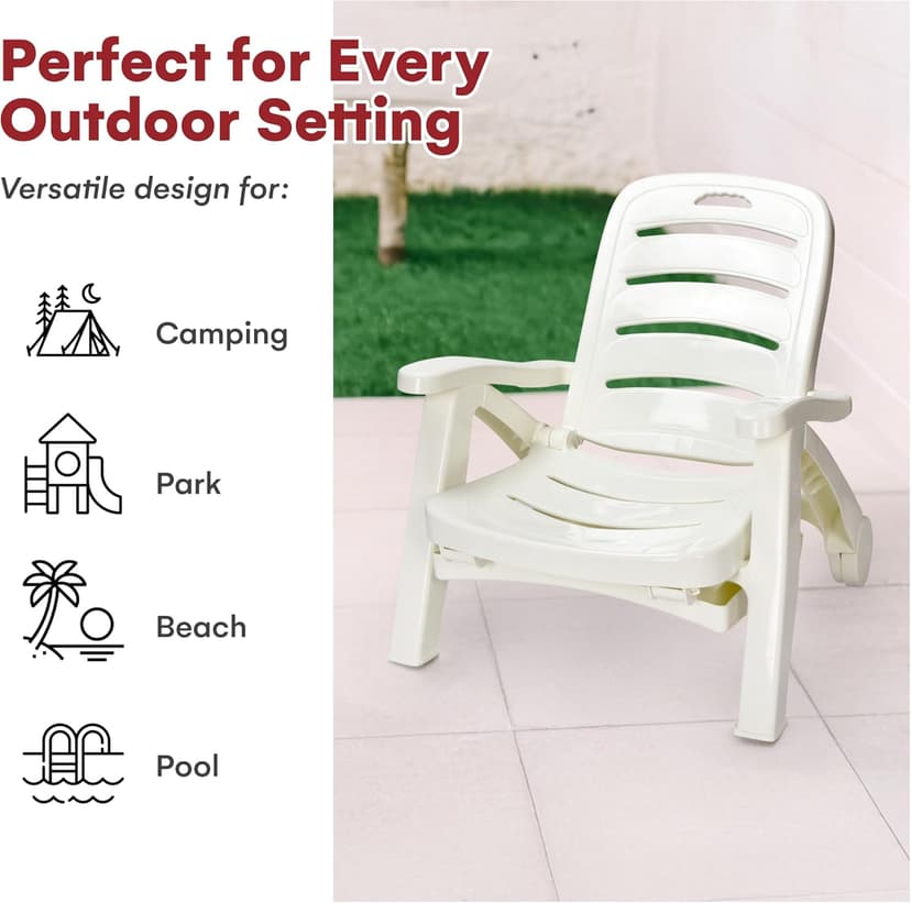 Wild Wolf Outfitters Outdoor Folding Lounge Chair - Adjustable Lightweight Chaise Pool Chairs - Plastic Chairs for Patio, Lawn, Deck or Beach- Outdoor Furniture - White, Chaise Lounge Outdoor