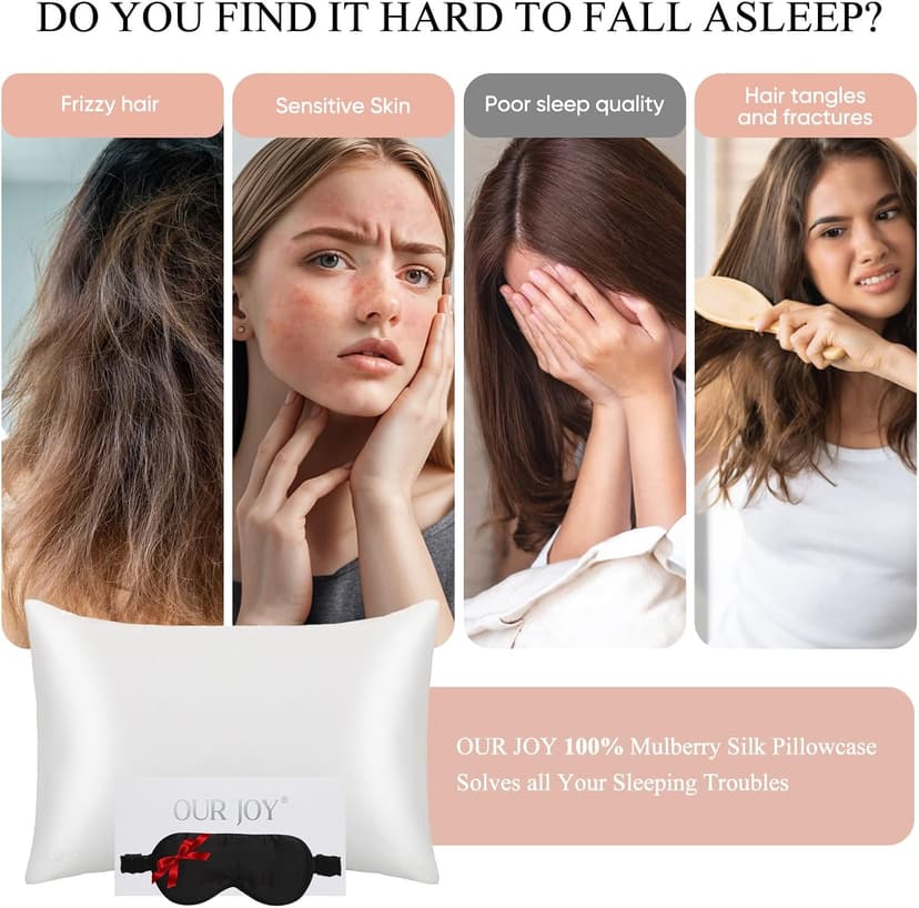 100% Mulberry Silk Pillowcase 22 Momme (SGS Certified) with Free Silk Eye Mask - Luxury Gift-Ready Folded Packaging, Cooling Pillow Cover for Hair & Skin Care (White, Standard (1 Pack))