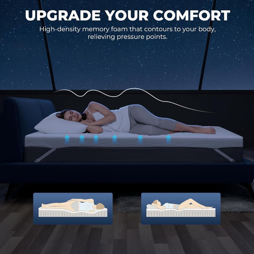 Memory Foam Mattress Topper - 3 Inch Gel Mattress Pad for Pressure Relief, Premium Soft Cooling Sleep Bed Topper, Non-Slip Design with Removable & Washable Cover (White, Queen)