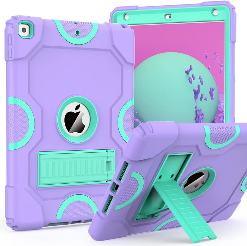 for iPad 9th Generation Case, iPad 8th 7th Generation Case, iPad 10.2 Inch 2021/2020/2019 Case, Heavy Duty Rugged Shockproof Protective Cover with Kickstand for Kids Boys Girls Purple/Green