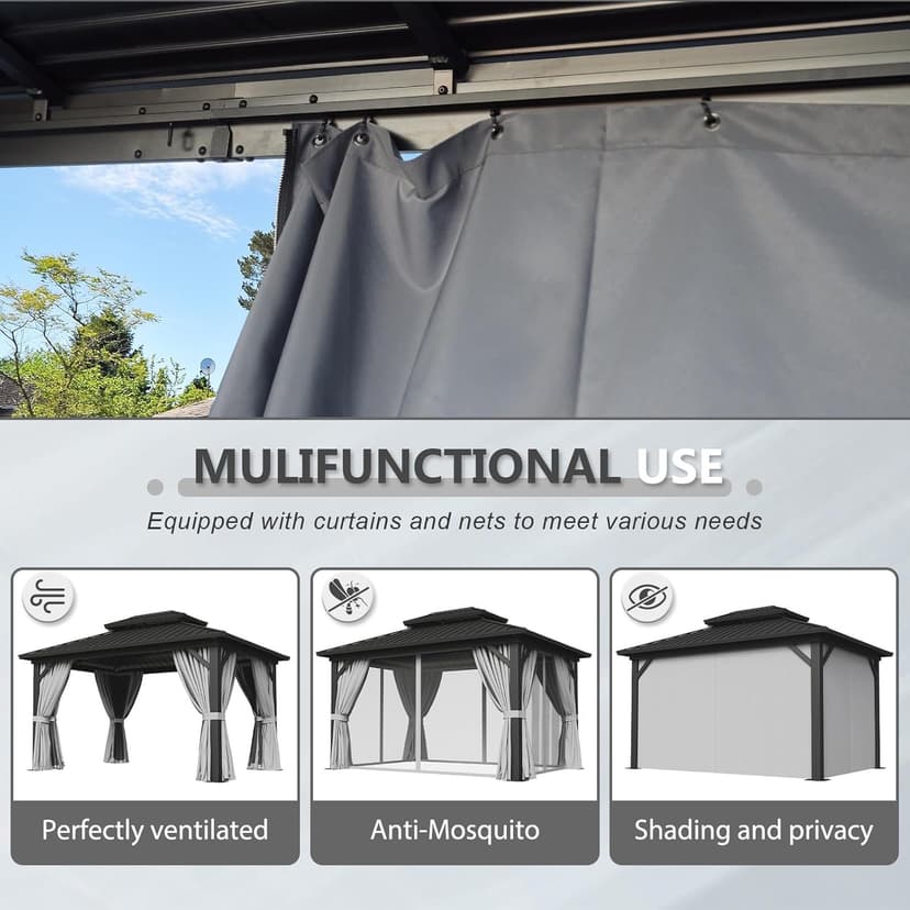 Aoxun 10' X 14' Hardtop Gazebo, Aluminum Metal Outdoor Gazebo with Galvanized Steel Double Roof, Permanent Patio Pavilion with Breathable Netting and Curtains for Dining, Wedding, Party