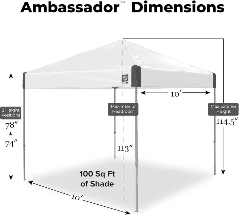 E-Z UP Ambassador Instant Pop Up Canopy Tent, 10' x 10', Roller Bag and 4 Piece Spike Set, Slate White