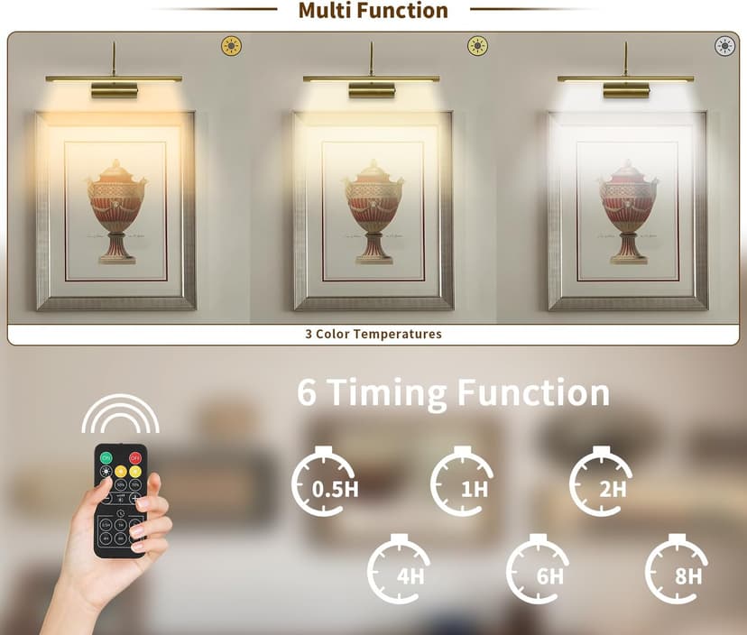 JOOSENLUX Battery Operated Picture Lights Gold Wall Lights Wireless Flexible Neck with Remote Rechargeable Wall Lights for Pictures 16" Dimmable Display Art Light with Timer 3000K Brass