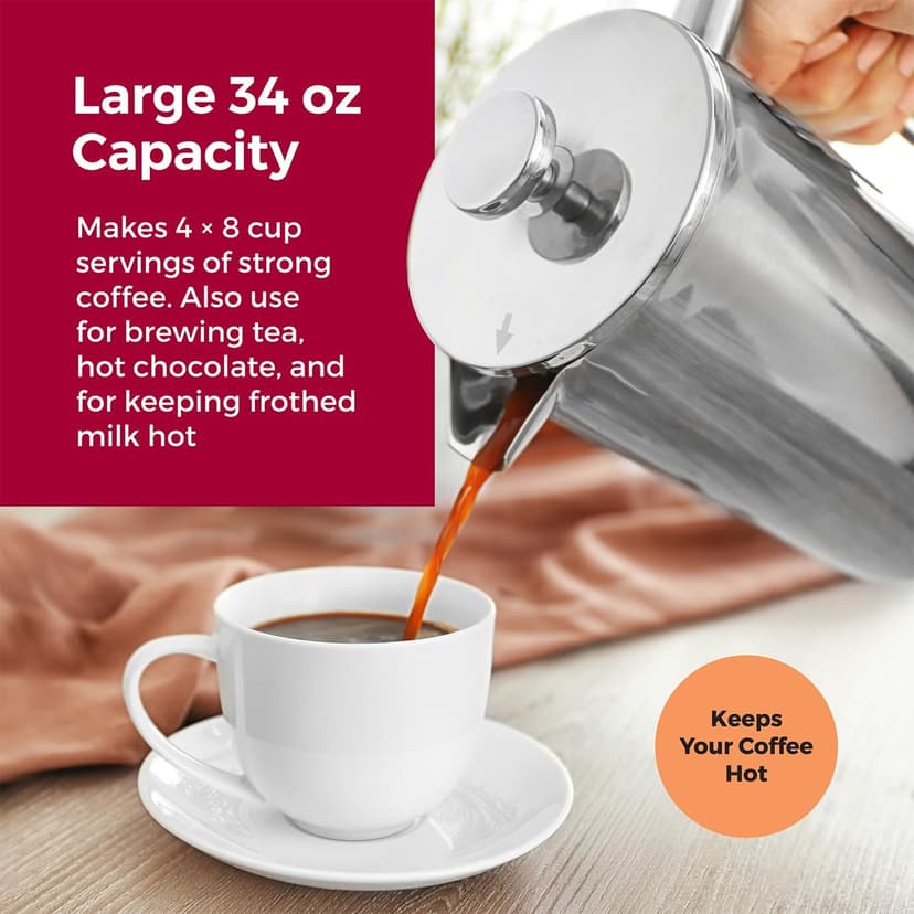MuellerLiving French Press Coffee Maker 34oz, Stainless Steel French Press Coffee, 4 Filter Heat Resistant Double Insulated, Rust-Free, Food Grade, Dishwasher Safe Coffee Pot
