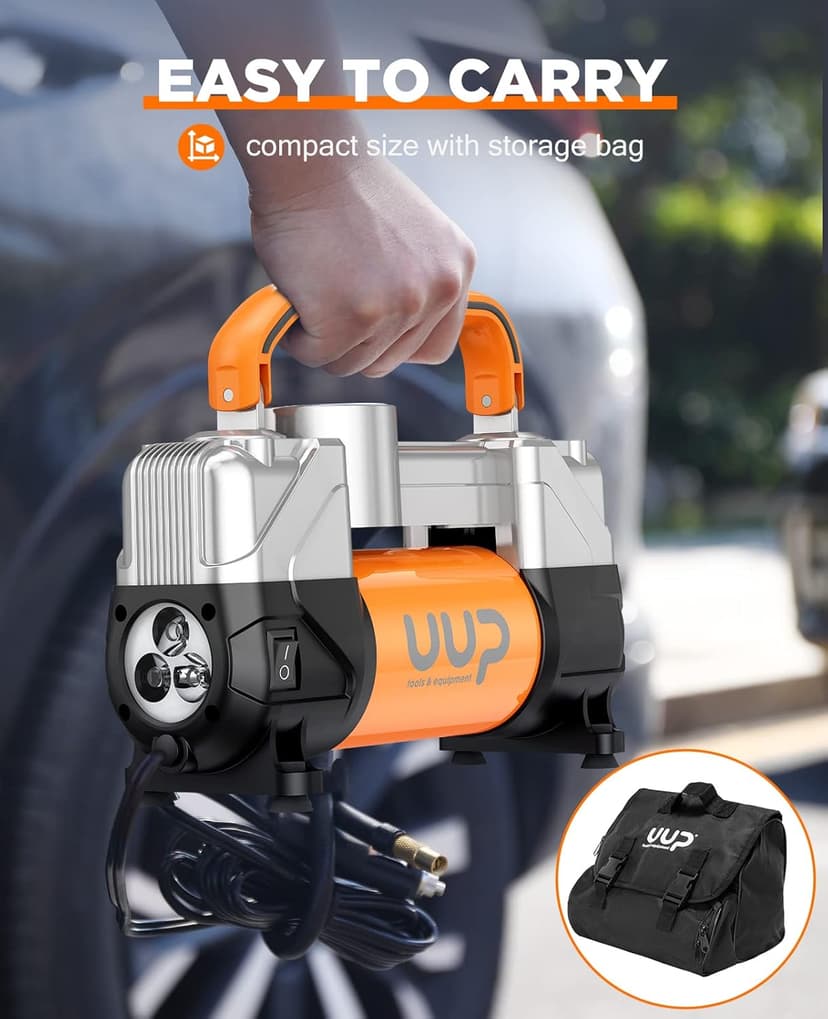 Tire Inflator Air Compressor, 150PSI 12V DC Double Cylinders Heavy Duty Portable Air Pump w/Emergency LED Light for Truck, SUV, Car, RV