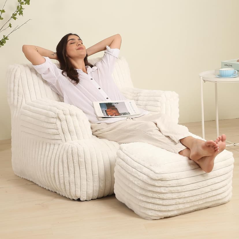 Comfy Gaint Bean Bag Chair with Ottoman, Fluffy Huge Bean Bag Armchair for Adults and Teens, Cream