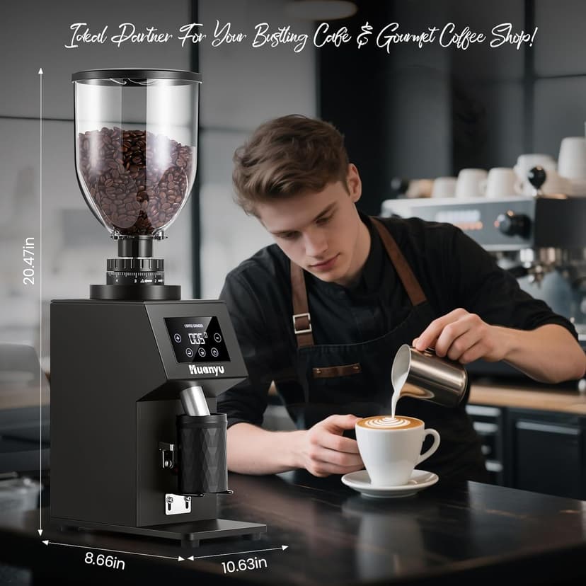 Huanyu Commercial Coffee Grinder with 64mm Flat Burr Anti-Flying Grounds Outlet 26oz Lotus Hopper 8 Stepless Settings Electric Coffee Grinders with Smart Touchscreen for Cafés Restaurants