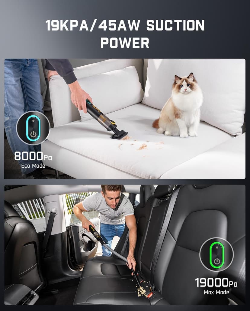 Fanttik Slim V8 Apex Car Vacuum, 4-in-1 Portable Mini Cordless Vacuum with 19000pa Suction Power, Type-C Charge, 2 Suction Modes, Handheld Vacuum for Car, Office Desk, Keyboards (Black)