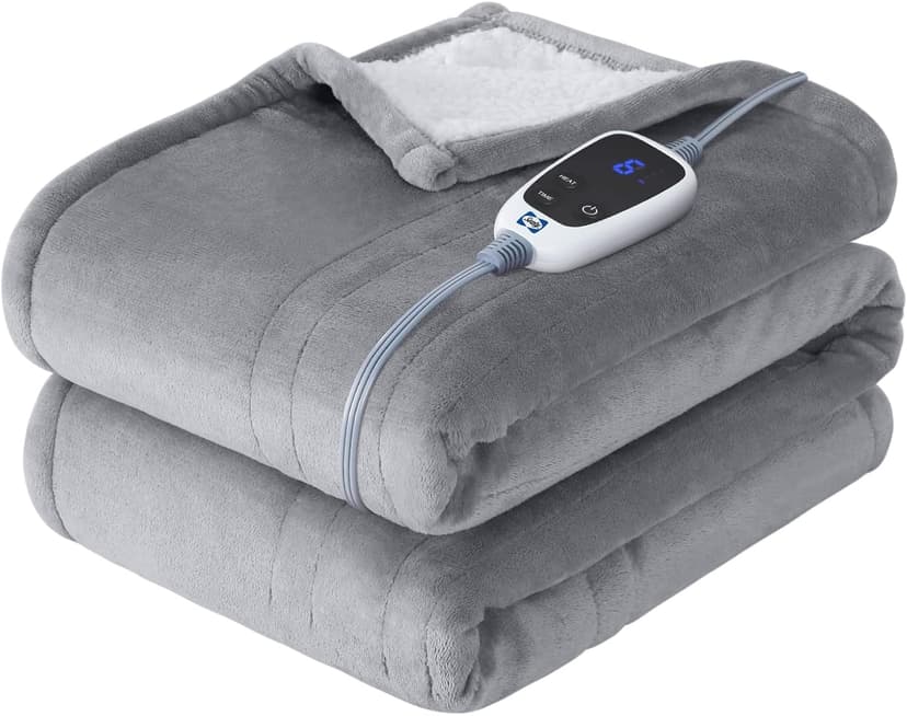 Sealy Electric Throw Blanket, Flannel & Sherpa Heated Throw with 6 Heating Levels & 2-10 Hours Auto Shut Off, Fast Heating & Machine Washable, 50x60 Inch, Light Grey