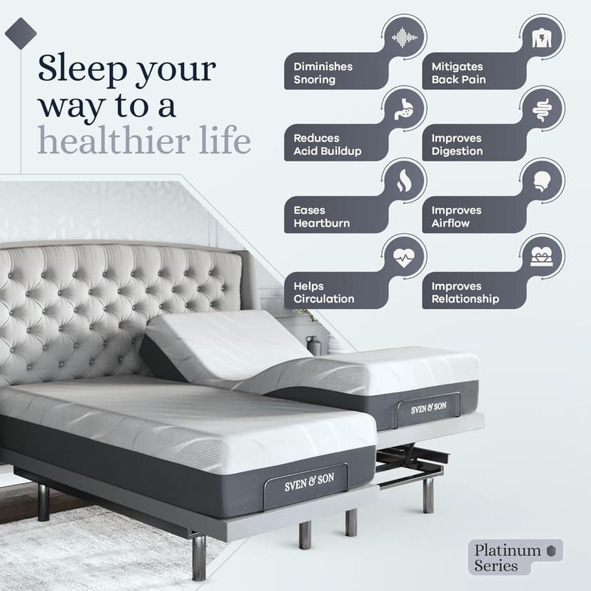 Sven & Son Platinum Adjustable Bed Base Frame + 14 inch Hybrid Spring Matt (Medium Soft), Lumbar Support, Head-Pillow-Tilt, Massage, Under-Bed Lights, USB - Split King